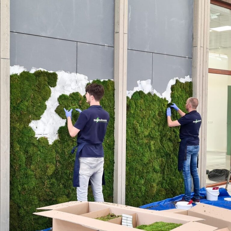 Moswand plakken bij MBO Utrecht groene leeromgeving