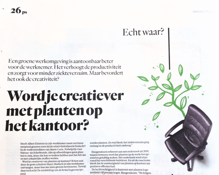 Krantenartikel in Het Parool met de titel “Word je creatiever met planten op het kantoor?” over het effect van groen op creativiteit en werkprestaties.